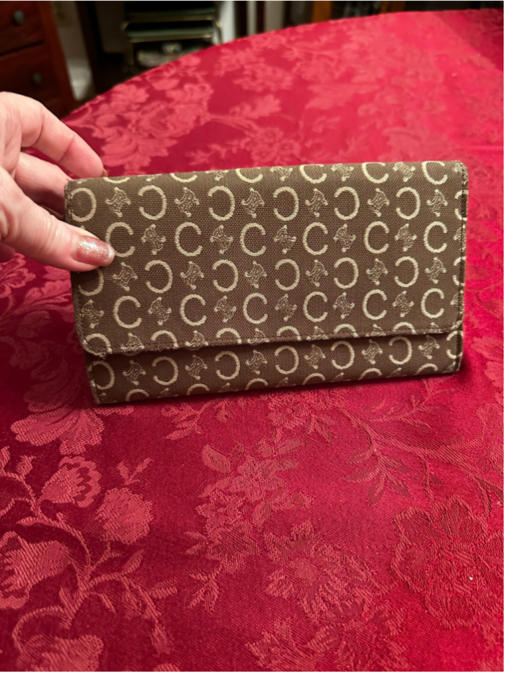 Celine Brown & Beige Canvas & Leather Monogram Long Wallet